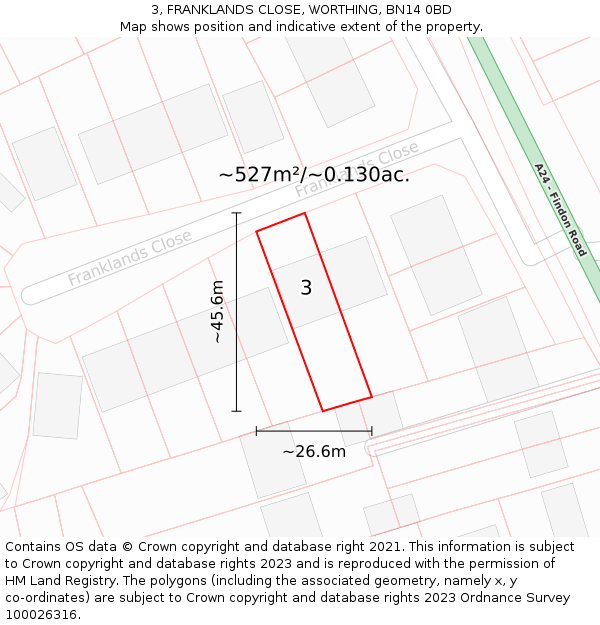3, FRANKLANDS CLOSE, WORTHING, BN14 0BD: Plot and title map