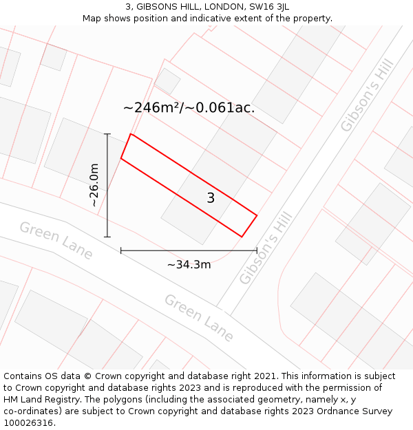 3, GIBSONS HILL, LONDON, SW16 3JL: Plot and title map