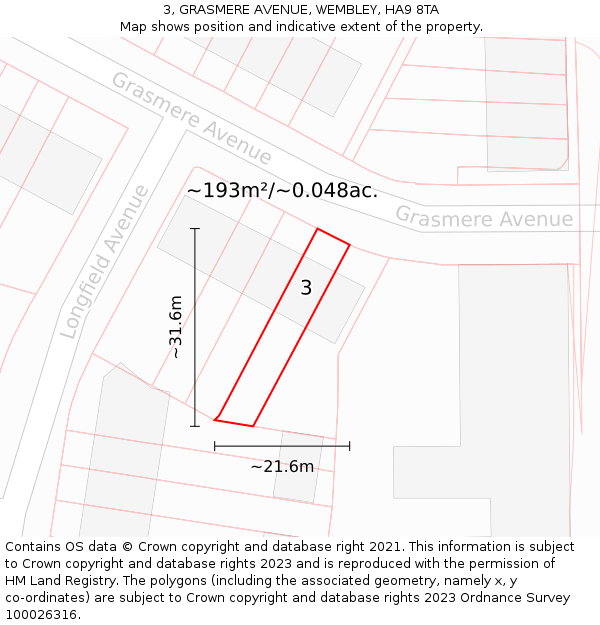 3, GRASMERE AVENUE, WEMBLEY, HA9 8TA: Plot and title map