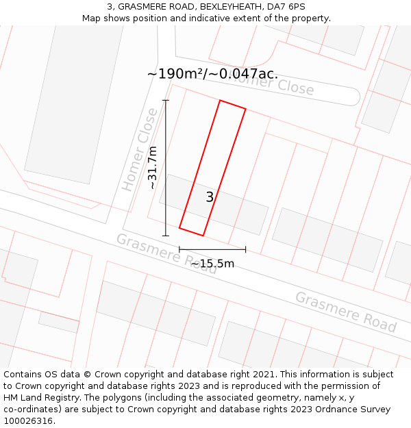 3, GRASMERE ROAD, BEXLEYHEATH, DA7 6PS: Plot and title map