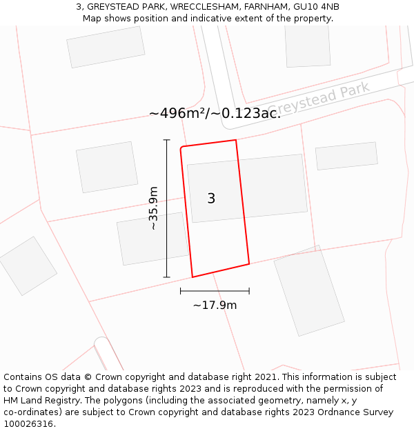 3, GREYSTEAD PARK, WRECCLESHAM, FARNHAM, GU10 4NB: Plot and title map