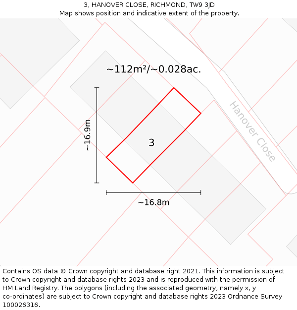 3, HANOVER CLOSE, RICHMOND, TW9 3JD: Plot and title map