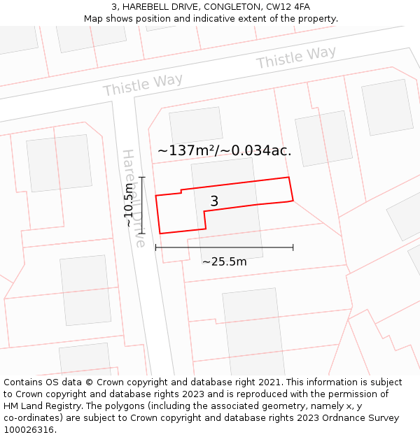 3, HAREBELL DRIVE, CONGLETON, CW12 4FA: Plot and title map