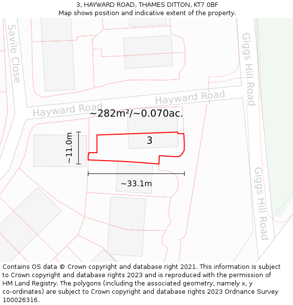 3, HAYWARD ROAD, THAMES DITTON, KT7 0BF: Plot and title map