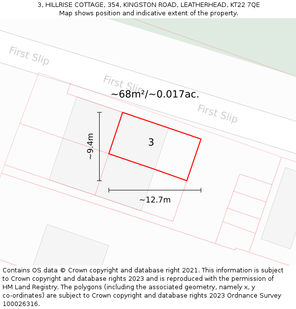 3, HILLRISE COTTAGE, 354, KINGSTON ROAD, LEATHERHEAD, KT22 7QE: Plot and title map