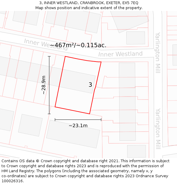 3, INNER WESTLAND, CRANBROOK, EXETER, EX5 7EQ: Plot and title map