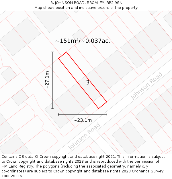 3, JOHNSON ROAD, BROMLEY, BR2 9SN: Plot and title map