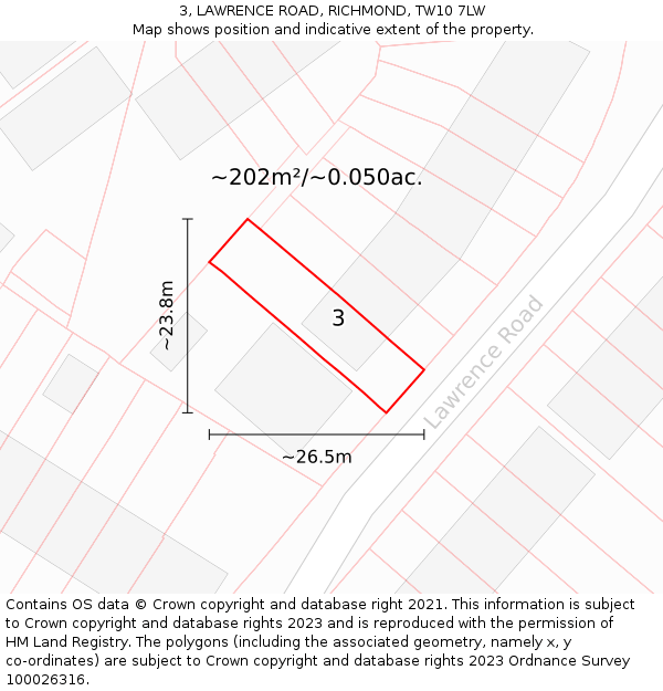 3, LAWRENCE ROAD, RICHMOND, TW10 7LW: Plot and title map