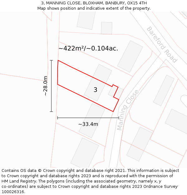 3, MANNING CLOSE, BLOXHAM, BANBURY, OX15 4TH: Plot and title map