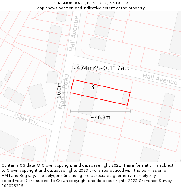 3, MANOR ROAD, RUSHDEN, NN10 9EX: Plot and title map