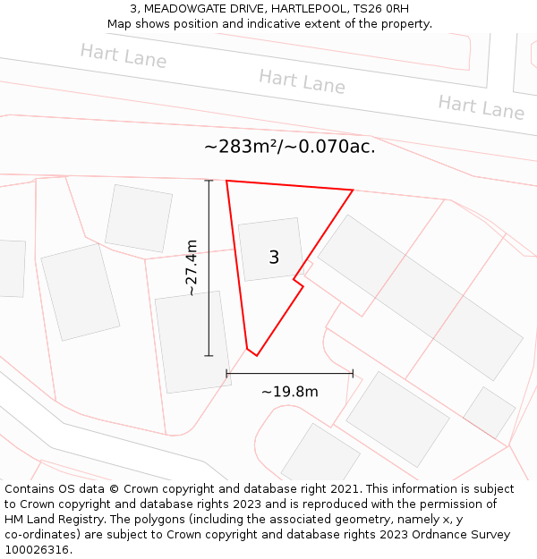 3, MEADOWGATE DRIVE, HARTLEPOOL, TS26 0RH: Plot and title map