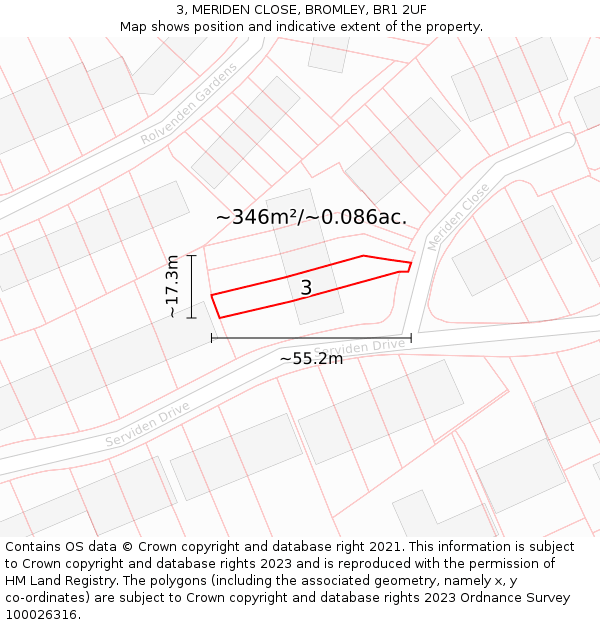 3, MERIDEN CLOSE, BROMLEY, BR1 2UF: Plot and title map