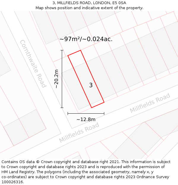 3, MILLFIELDS ROAD, LONDON, E5 0SA: Plot and title map