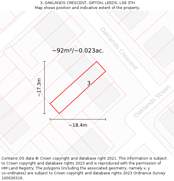 3, OAKLANDS CRESCENT, GIPTON, LEEDS, LS8 3TH: Plot and title map