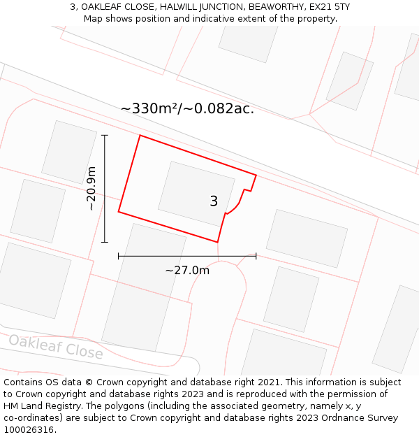 3, OAKLEAF CLOSE, HALWILL JUNCTION, BEAWORTHY, EX21 5TY: Plot and title map
