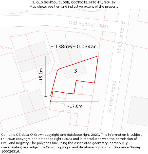 3, OLD SCHOOL CLOSE, CODICOTE, HITCHIN, SG4 8YJ: Plot and title map