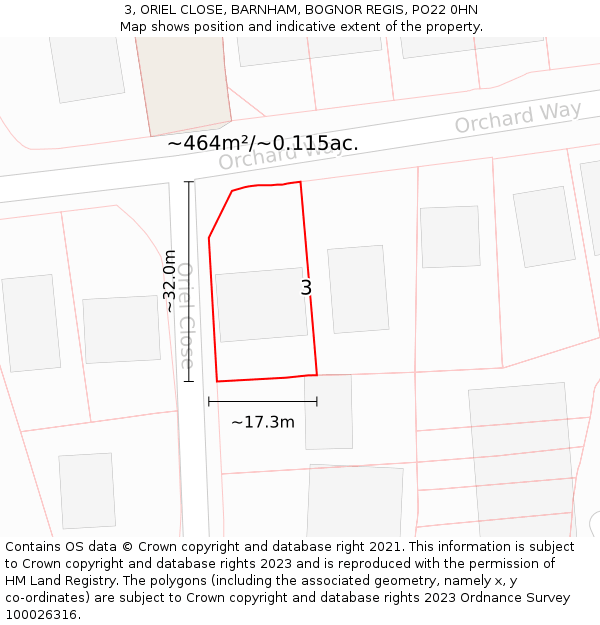 3, ORIEL CLOSE, BARNHAM, BOGNOR REGIS, PO22 0HN: Plot and title map