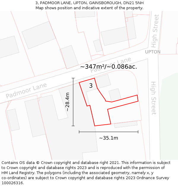 3, PADMOOR LANE, UPTON, GAINSBOROUGH, DN21 5NH: Plot and title map