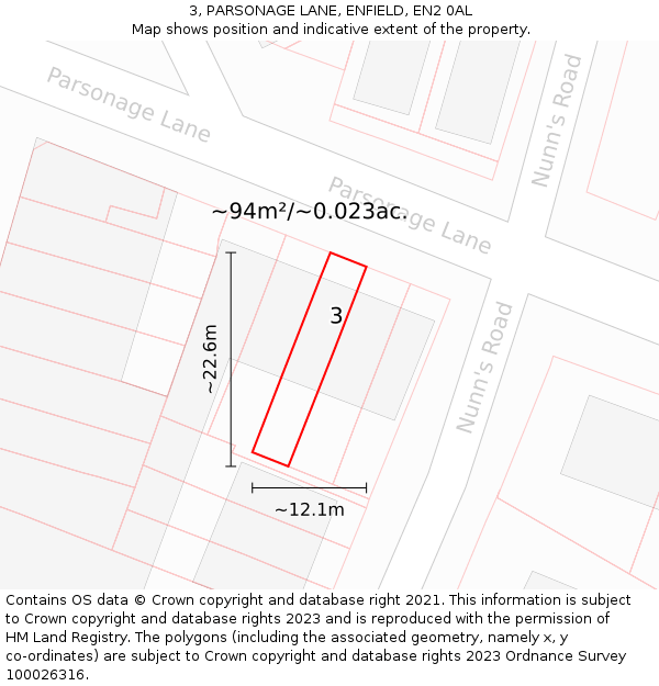 3, PARSONAGE LANE, ENFIELD, EN2 0AL: Plot and title map