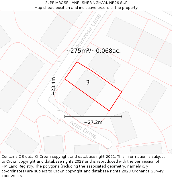3, PRIMROSE LANE, SHERINGHAM, NR26 8UP: Plot and title map