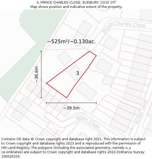 3, PRINCE CHARLES CLOSE, SUDBURY, CO10 1YT: Plot and title map