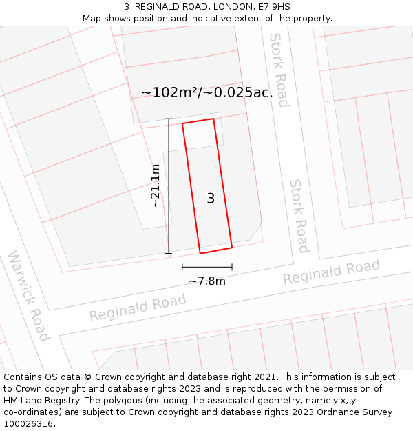 3, REGINALD ROAD, LONDON, E7 9HS: Plot and title map