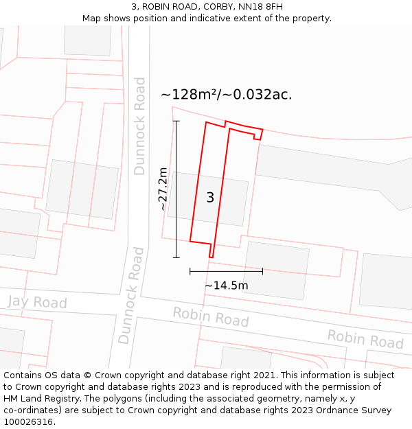 3, ROBIN ROAD, CORBY, NN18 8FH: Plot and title map