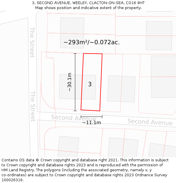 3, SECOND AVENUE, WEELEY, CLACTON-ON-SEA, CO16 9HT: Plot and title map