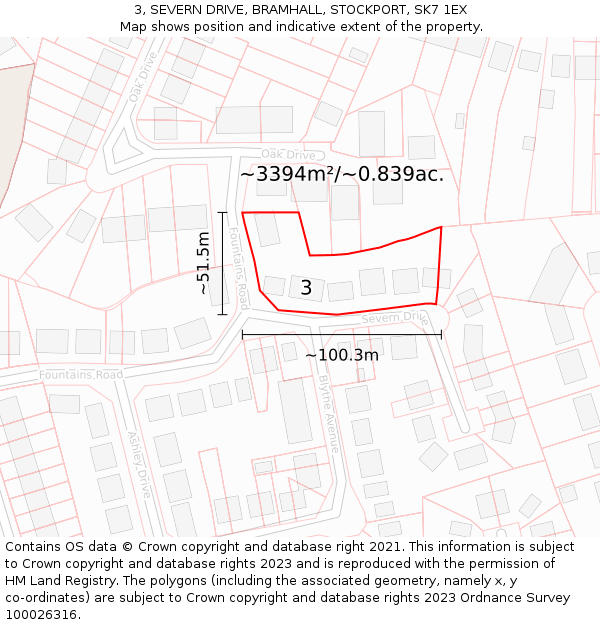 3, SEVERN DRIVE, BRAMHALL, STOCKPORT, SK7 1EX: Plot and title map
