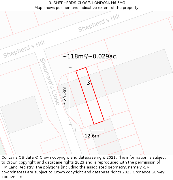 3, SHEPHERDS CLOSE, LONDON, N6 5AG: Plot and title map