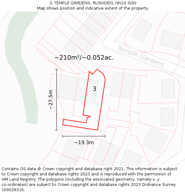 3, TEMPLE GARDENS, RUSHDEN, NN10 0GN: Plot and title map