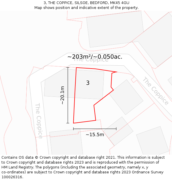 3, THE COPPICE, SILSOE, BEDFORD, MK45 4GU: Plot and title map