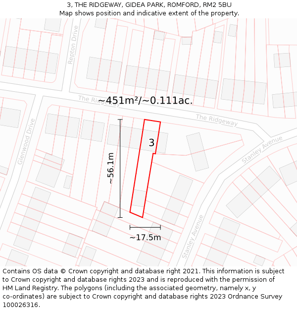 3, THE RIDGEWAY, GIDEA PARK, ROMFORD, RM2 5BU: Plot and title map