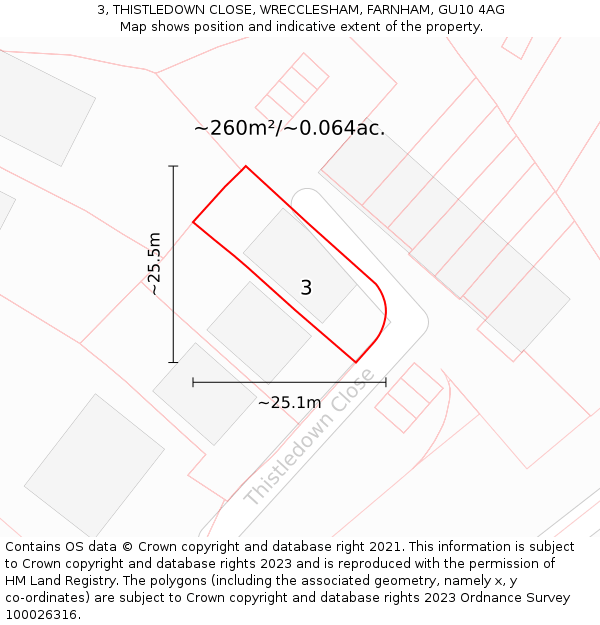 3, THISTLEDOWN CLOSE, WRECCLESHAM, FARNHAM, GU10 4AG: Plot and title map