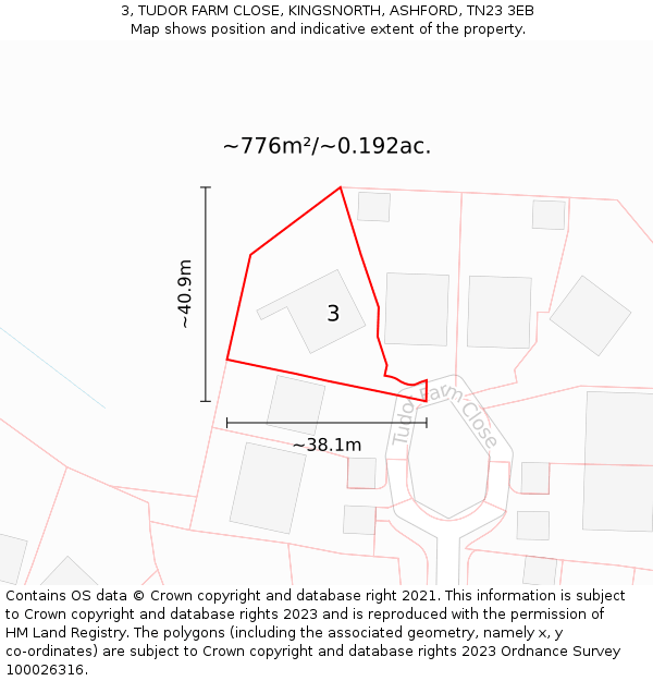 3, TUDOR FARM CLOSE, KINGSNORTH, ASHFORD, TN23 3EB: Plot and title map