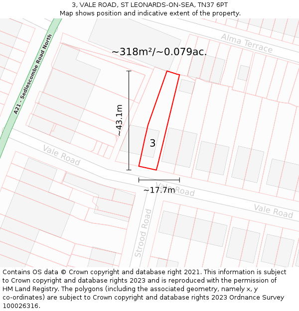 3, VALE ROAD, ST LEONARDS-ON-SEA, TN37 6PT: Plot and title map