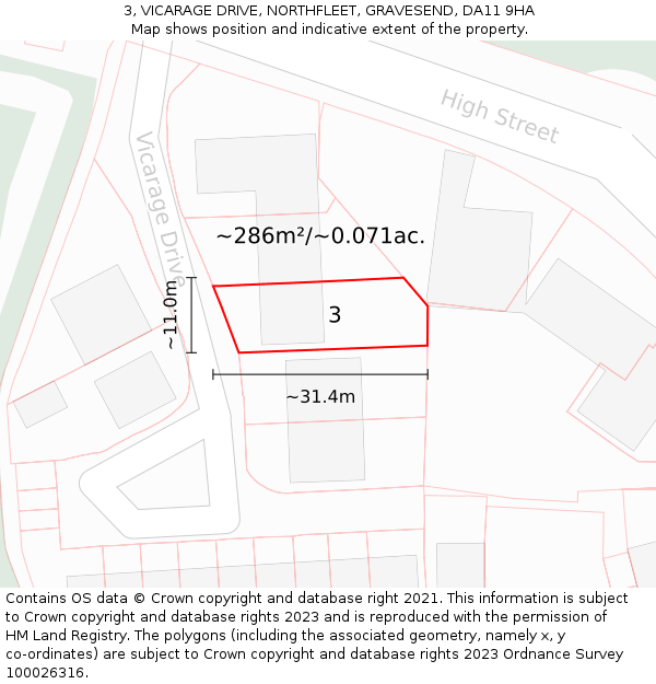 3, VICARAGE DRIVE, NORTHFLEET, GRAVESEND, DA11 9HA: Plot and title map