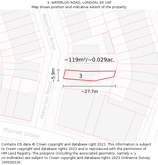 3, WATERLOO ROAD, LONDON, E6 1AP: Plot and title map