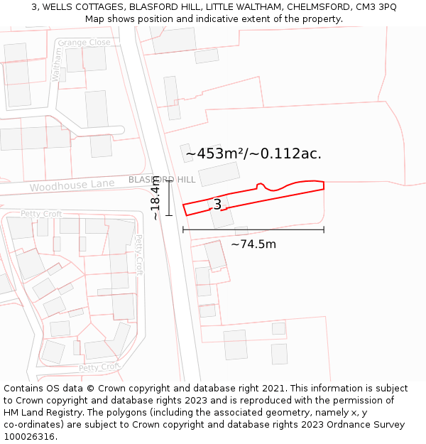 3, WELLS COTTAGES, BLASFORD HILL, LITTLE WALTHAM, CHELMSFORD, CM3 3PQ: Plot and title map