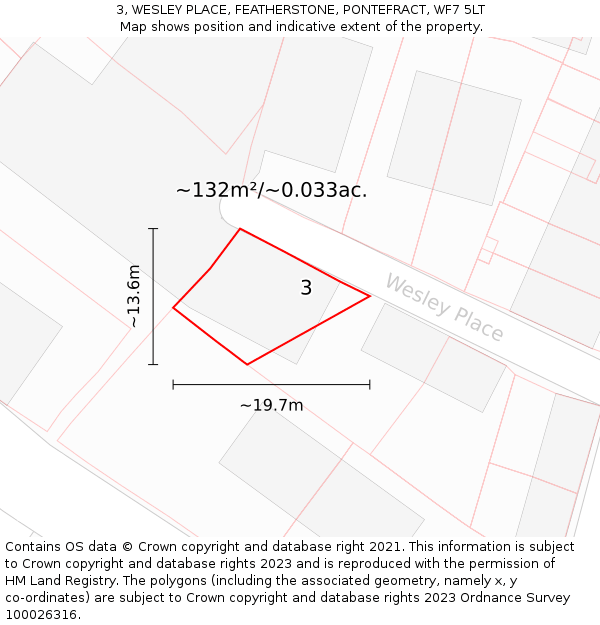 3, WESLEY PLACE, FEATHERSTONE, PONTEFRACT, WF7 5LT: Plot and title map