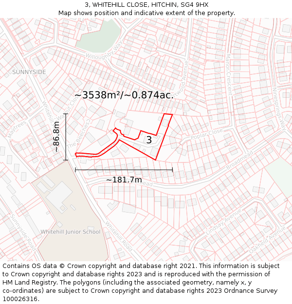 3, WHITEHILL CLOSE, HITCHIN, SG4 9HX: Plot and title map