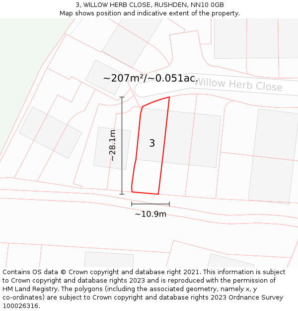 3, WILLOW HERB CLOSE, RUSHDEN, NN10 0GB: Plot and title map