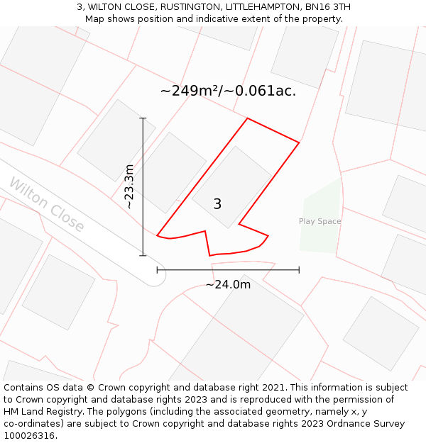 3, WILTON CLOSE, RUSTINGTON, LITTLEHAMPTON, BN16 3TH: Plot and title map