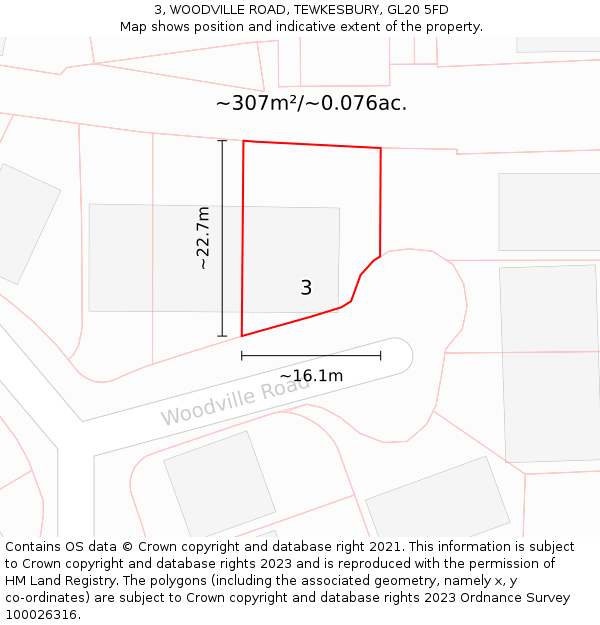 3, WOODVILLE ROAD, TEWKESBURY, GL20 5FD: Plot and title map