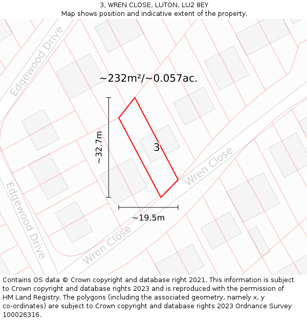 3, WREN CLOSE, LUTON, LU2 8EY: Plot and title map