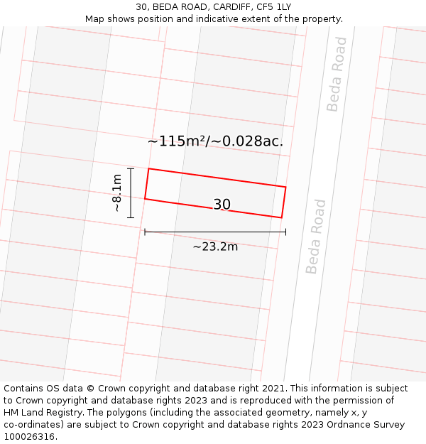 30, BEDA ROAD, CARDIFF, CF5 1LY: Plot and title map