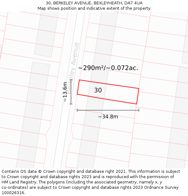30, BERKELEY AVENUE, BEXLEYHEATH, DA7 4UA: Plot and title map