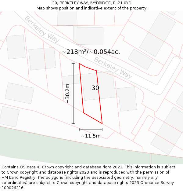 30, BERKELEY WAY, IVYBRIDGE, PL21 0YD: Plot and title map