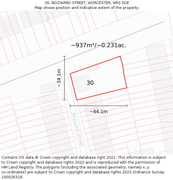 30, BOZWARD STREET, WORCESTER, WR2 5DE: Plot and title map