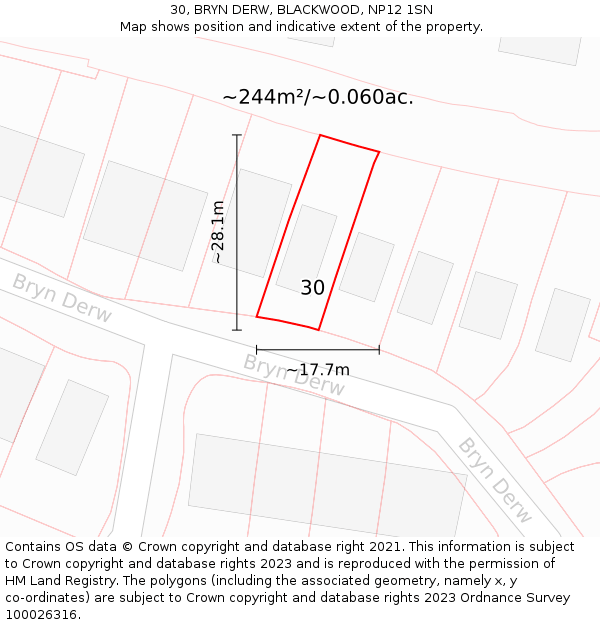 30, BRYN DERW, BLACKWOOD, NP12 1SN: Plot and title map